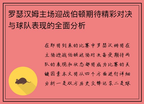罗瑟汉姆主场迎战伯顿期待精彩对决与球队表现的全面分析